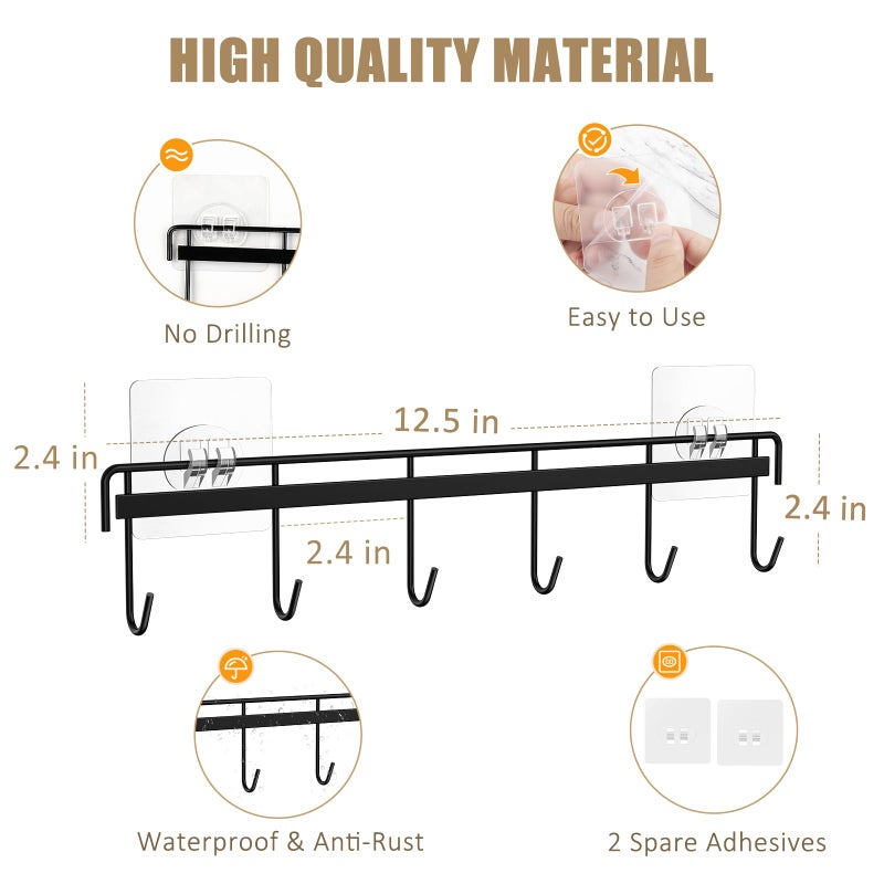 HOMEBROS Kitchen Utensil Hanger, Adhesive Utensil Holder Wall Mount Kitchen Rack Rail with 12 Hooks, Space Saving and No Drilling, Black, 2 Pcs - Image 3